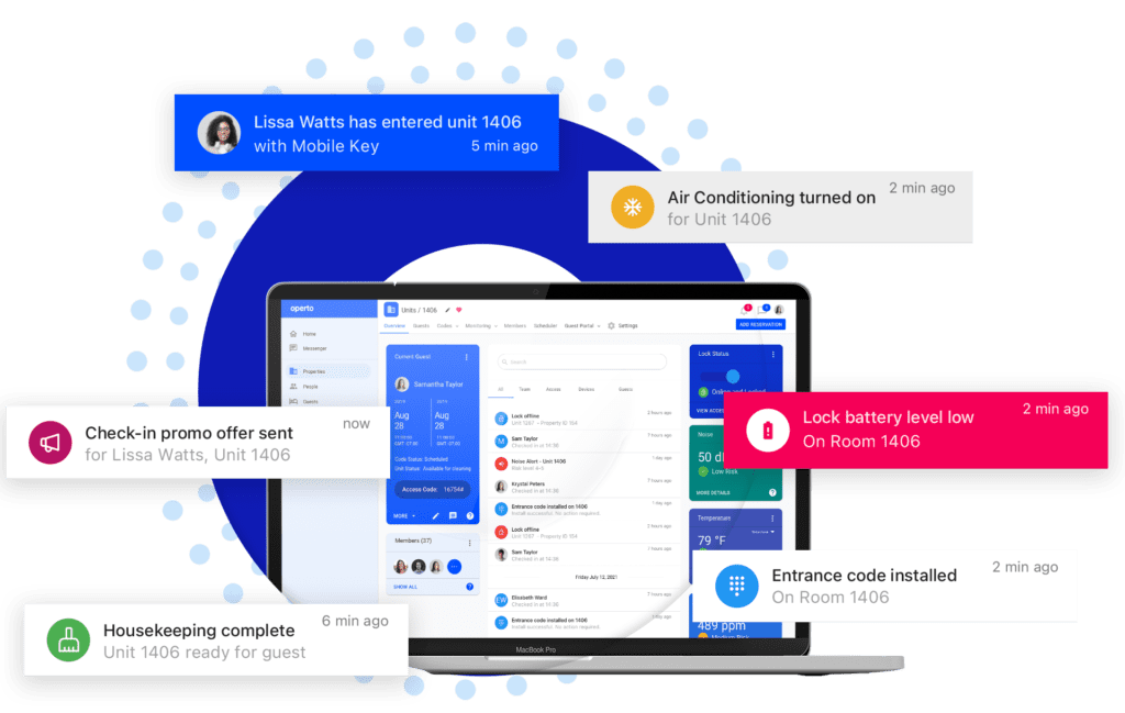 01_Operto property management dashboard on laptop screen with various notifications