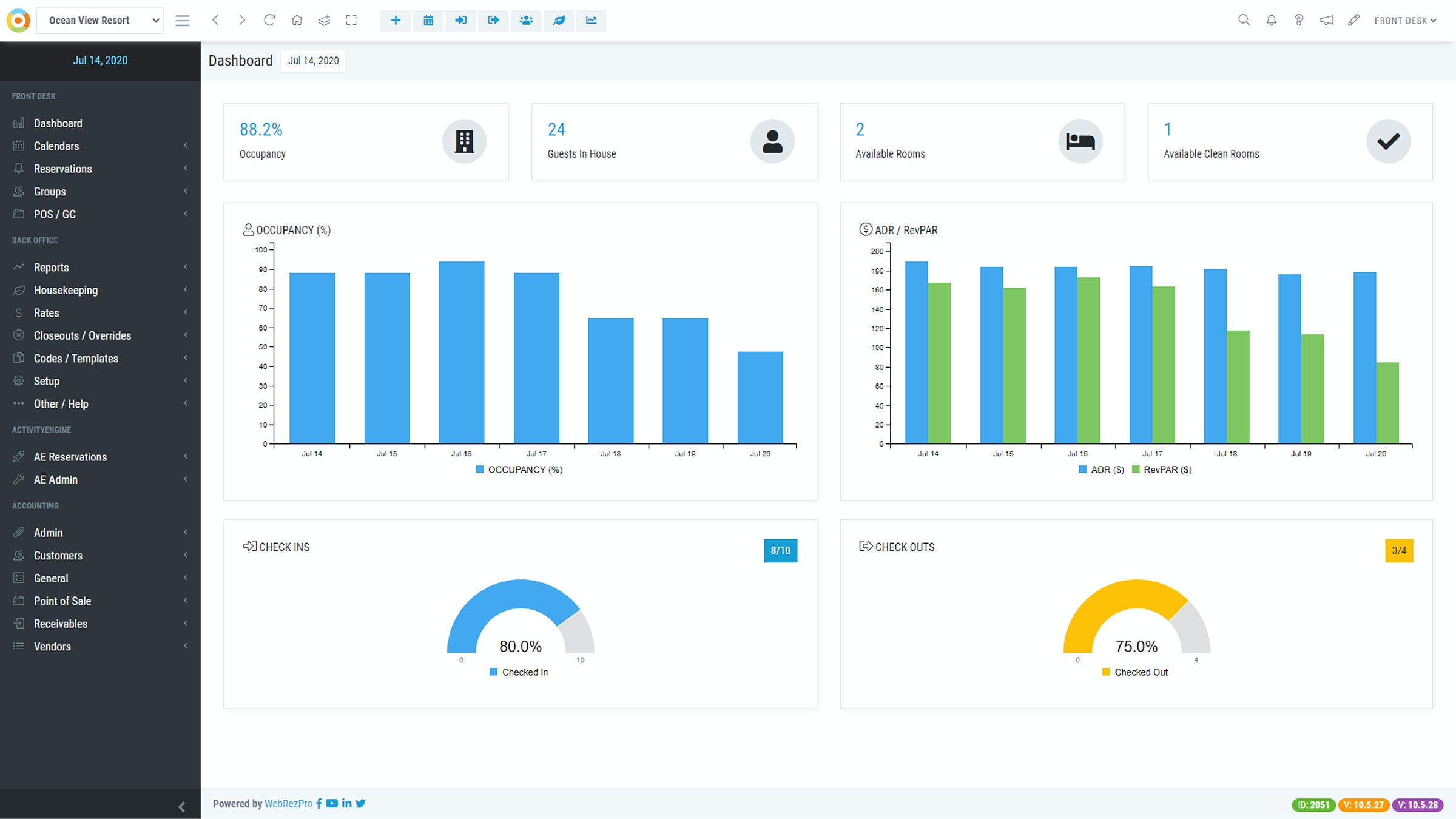 This image shows the WebRezPro user dashboard