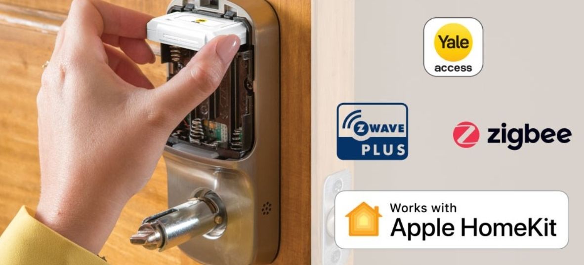 Hand changing connectivity radio chip in Yale Assure smart lock, with smart home system logos to right  