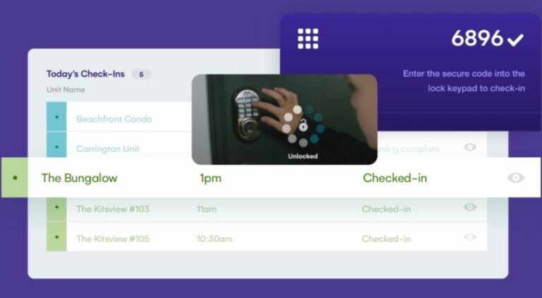 Operto dashboard showing guest check-ins and hand operating a smart lock