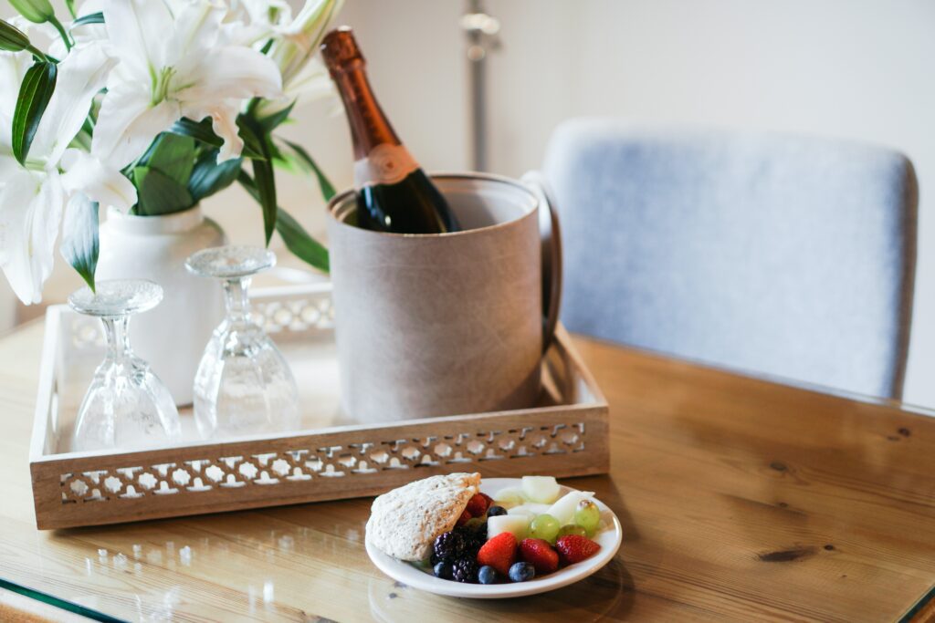 Hotel fruit basket and champagne