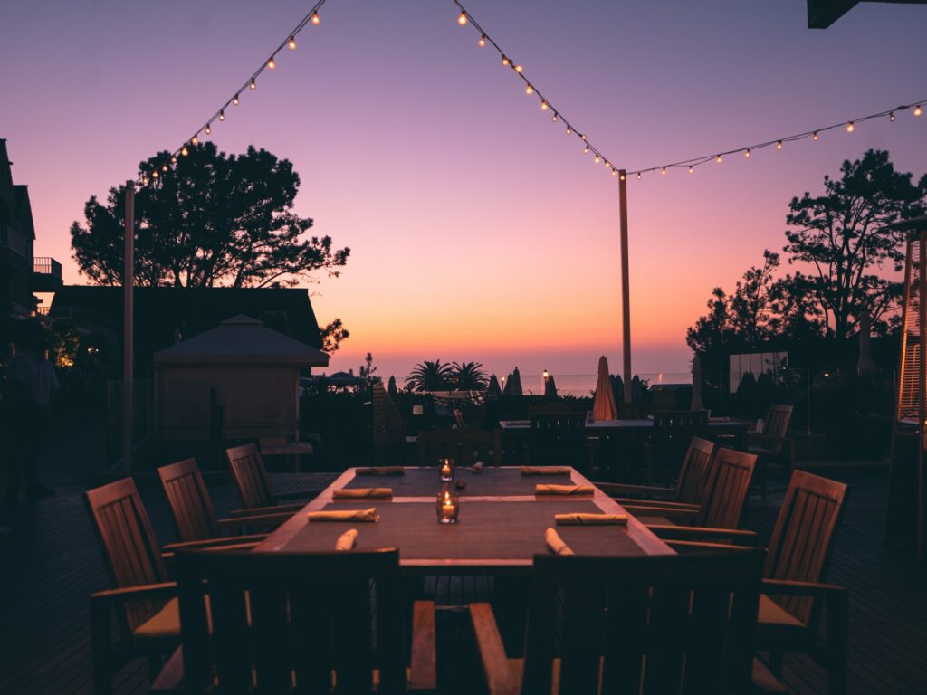 Beautiful outdoor dining table at sunset