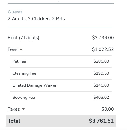 Screenshot showing Vacasa fees for a vacation property