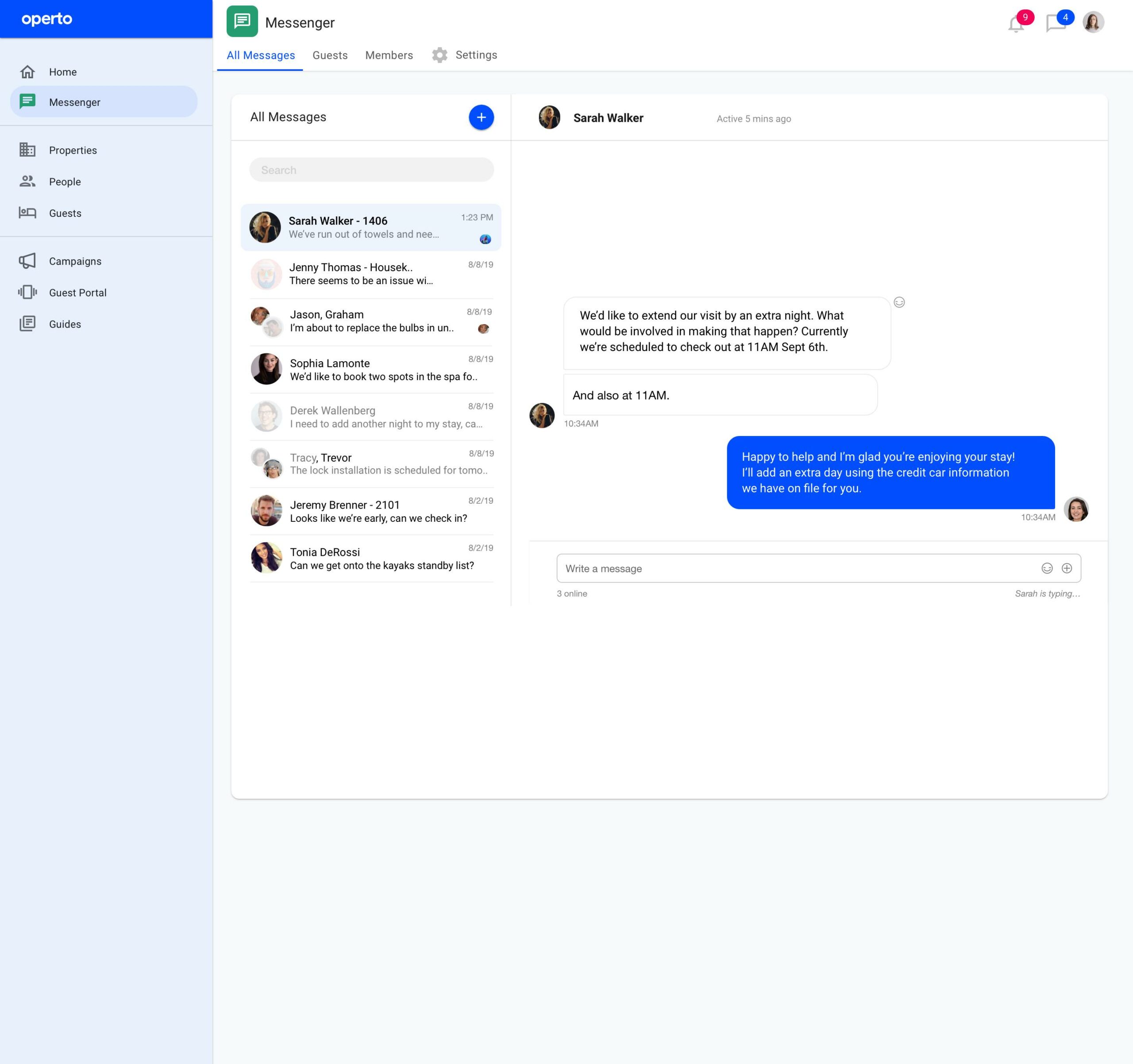 Operto Guest messaging dashboard