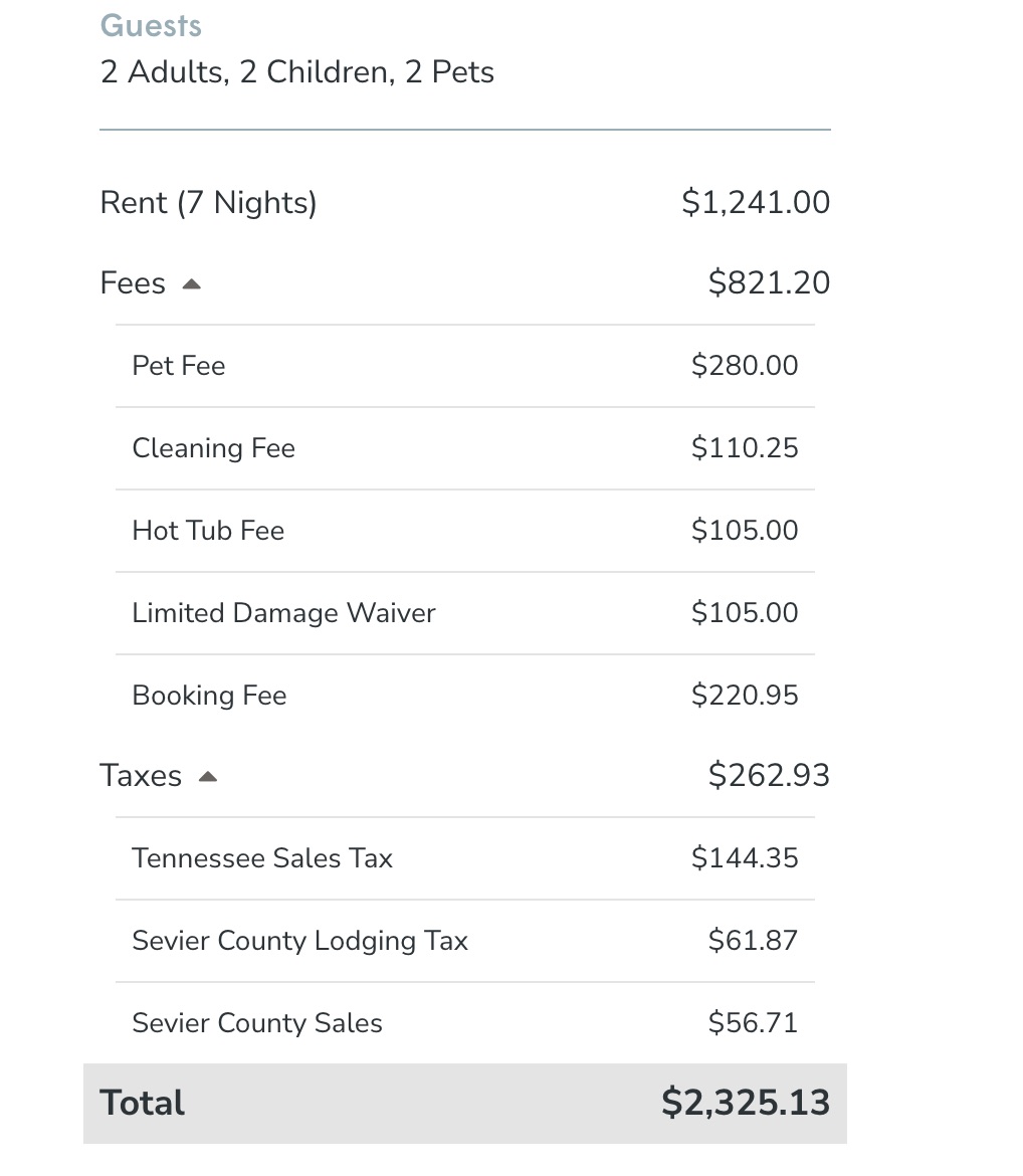 Vacasa booking price page showing additional guest costs