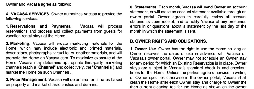 Image showing part of the Vacasa owner agreement