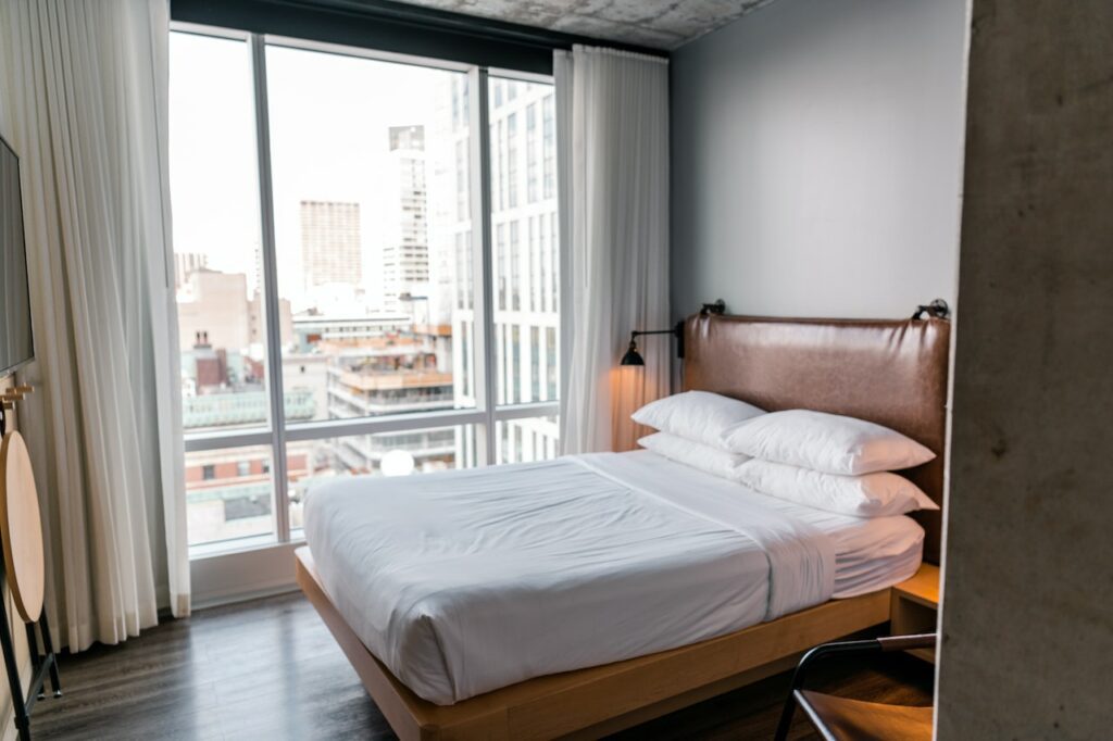 Apartment room with a view of the city