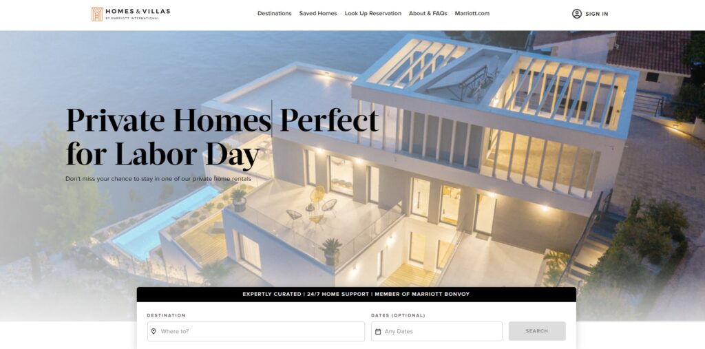 Screenshot of the homes and villas website