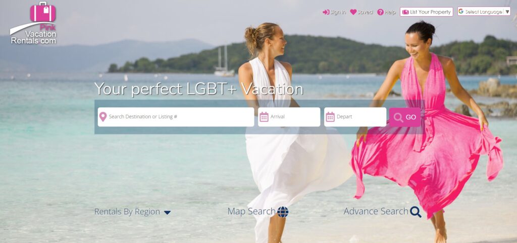 Screenshot of the "pink vacation rentals" website