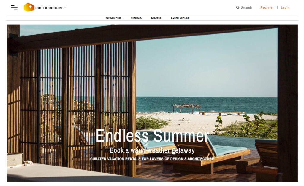 A screenshot of the Boutique Homes website