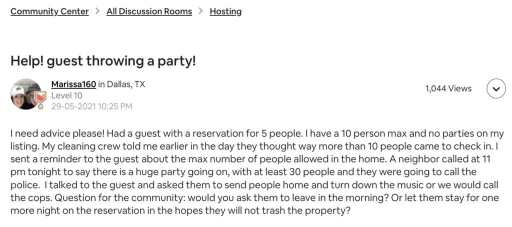 Image of Airbnb Community Center complaint about a guest throwing a party
