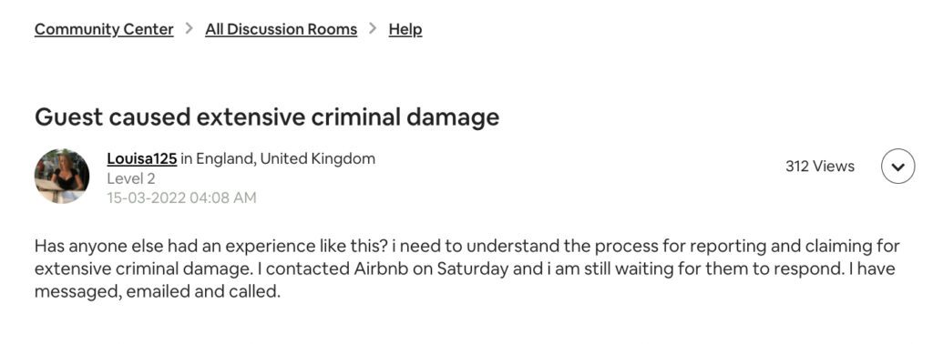 Image of an Airbnb Community Center complaint about guests causing extensive damage