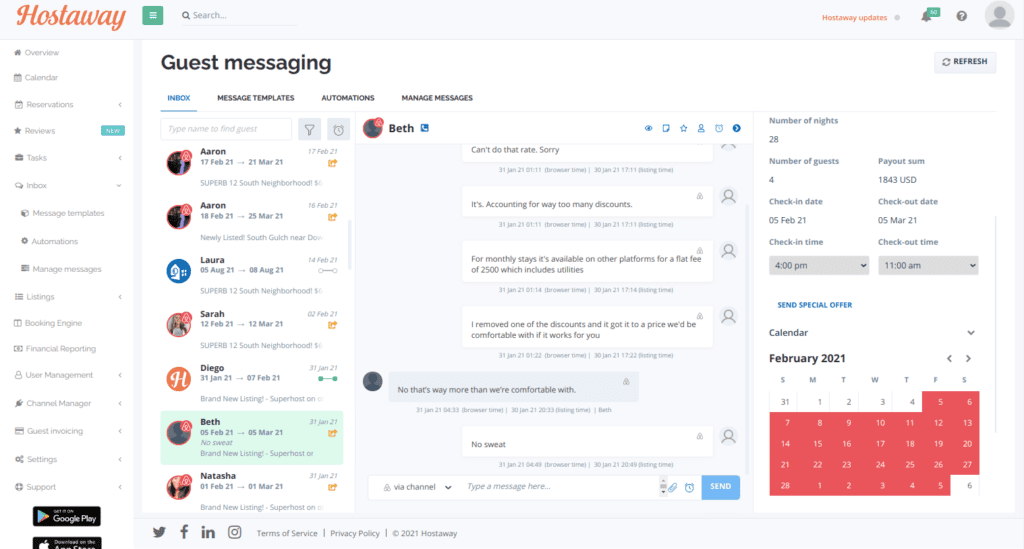 Screenshot of Hostaway’s messaging dashboard