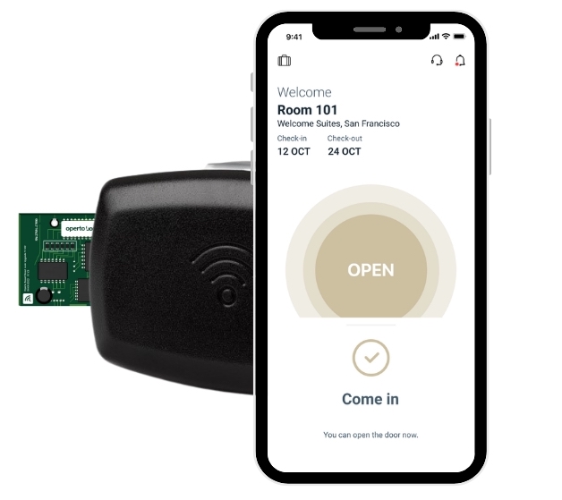 Image of the Operto Boost chip and an Operto mobile key