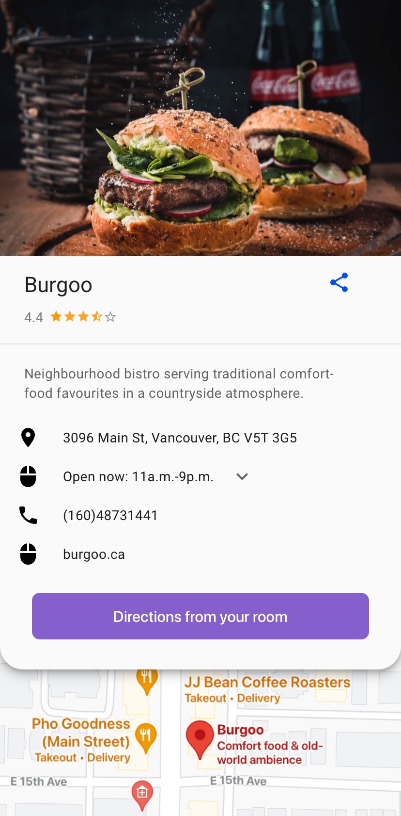 Screenshot of the Operto Guest digital guidebook showing a local restaurant recommendation